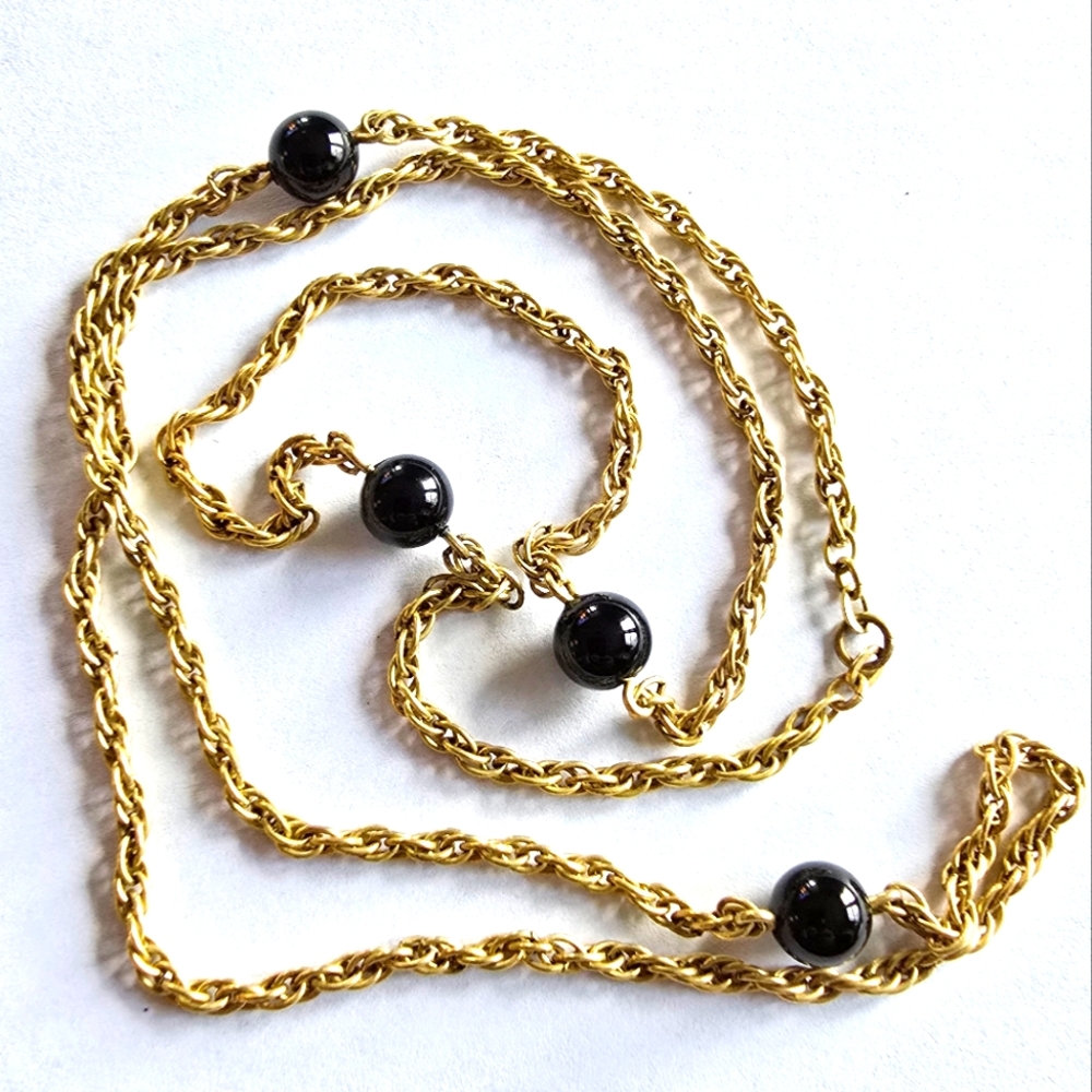 Vintage necklace chain black beads gold tone metal long retro minimalist